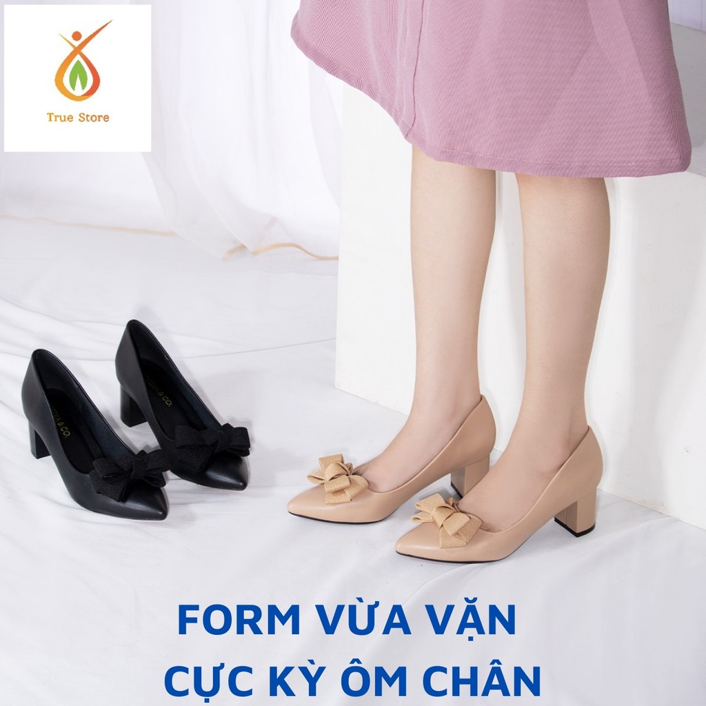 (CLASSIC) Giày cao gót đính nơ mũi nhọn gót cao 5cm kiểu dáng cơ bản, True Store đảm bảo, EP005