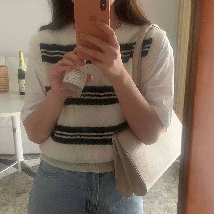 SUXI Áo Len Không Tay Cổ Chữ V Họa Tiết Kẻ Sọc Thời Trang Hàn Quốc Dễ Phối Đồ Cho Nữ