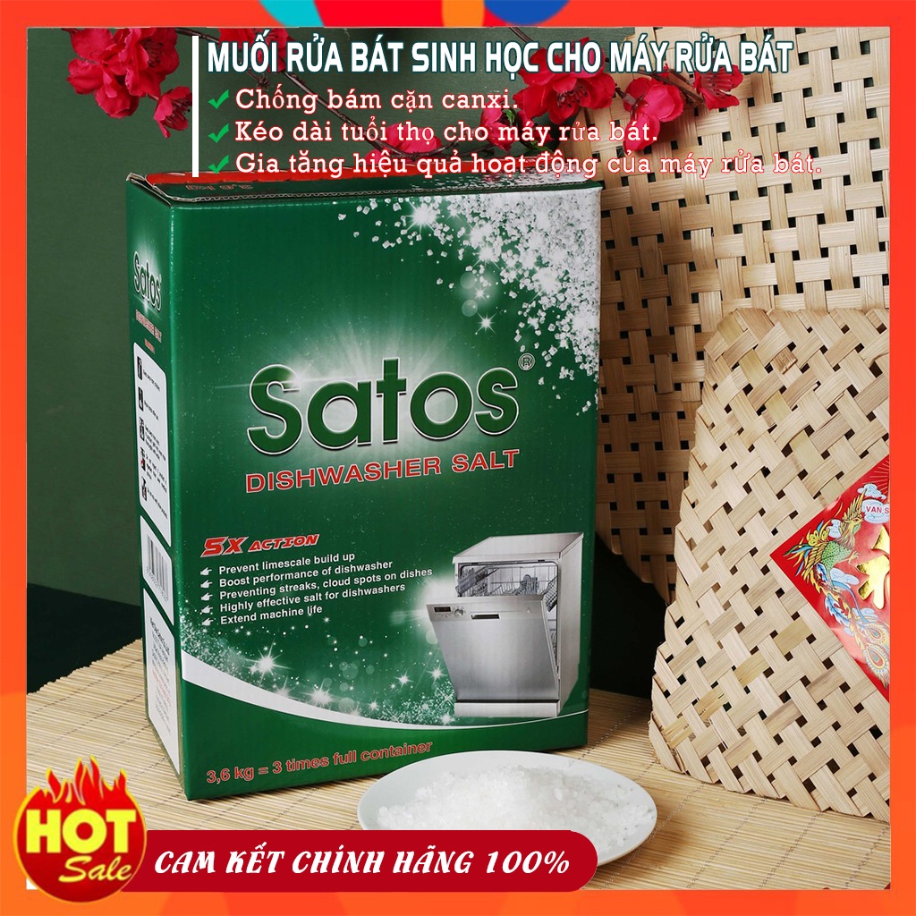 Muối rửa bát Satos 1.5kg dành cho máy rửa bát, với độ tinh khiết 99.4%, đạt tiêu chuẩn hạng A của Thổ Nhĩ Kỳ