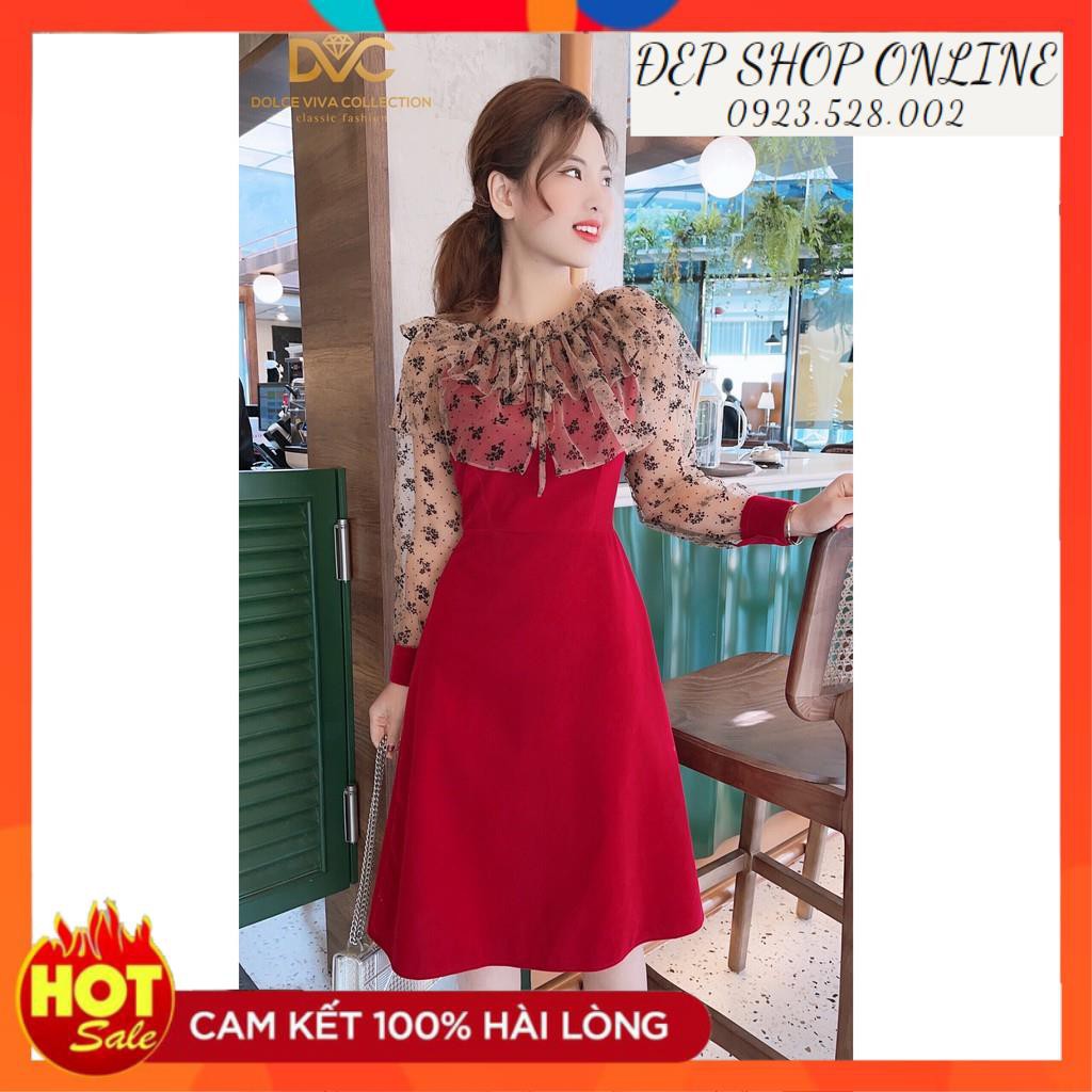Freeship - Váy xòe đỏ tay phối voan V1814 - Đẹp Shop DVC (Kèm ảnh thật trải sàn do shop tự chụp)
