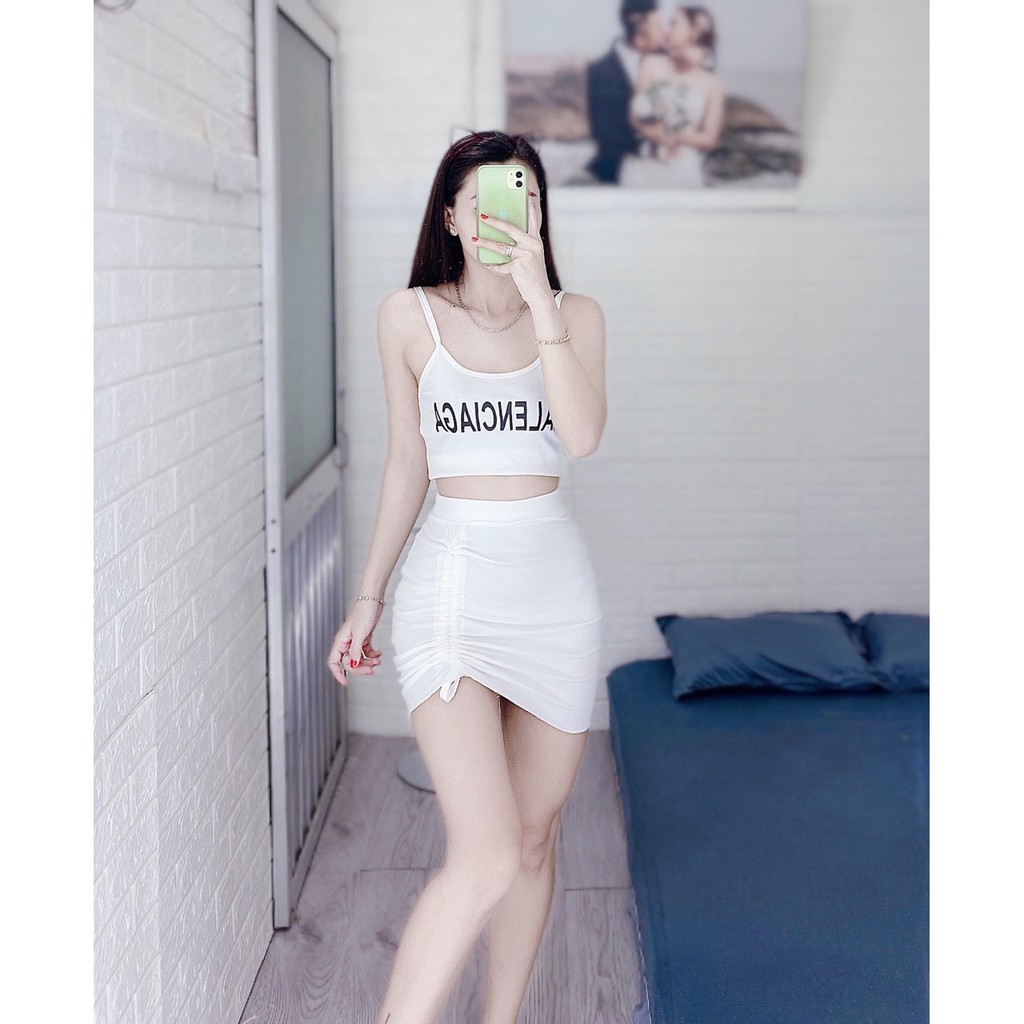 set xinh áo croptop 2 dây chân váy rút xinh cực hot hti ảnh thật