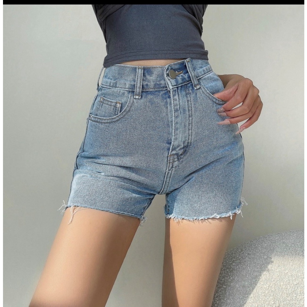Quần short jeans đùi nữ BigSize màu xanh nhạt Tua Lai, lưng cao, co dãn mạnh 4347 MLJ 60kg 70kg 80kg 90kg