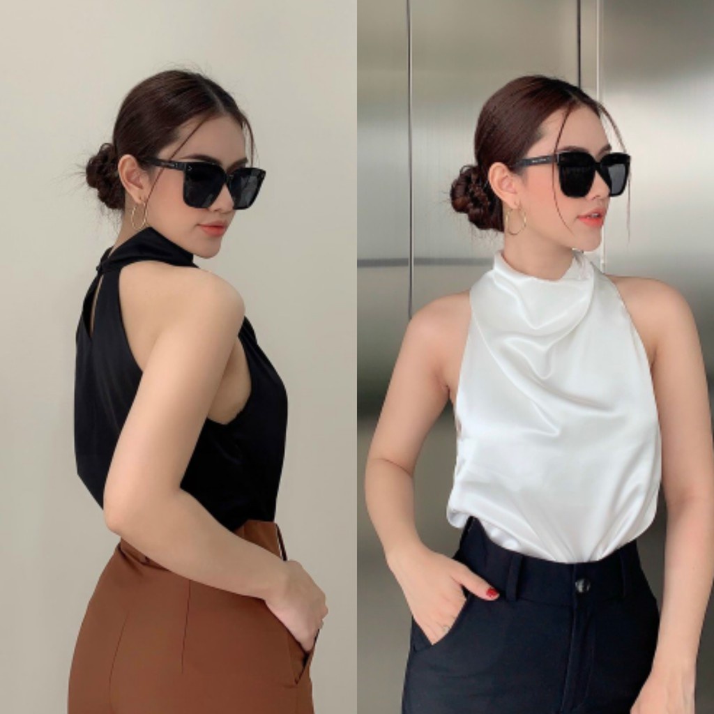 [Có sẵn] Áo lụa satin cổ yếm cao sang chảnh (có ảnh thật)