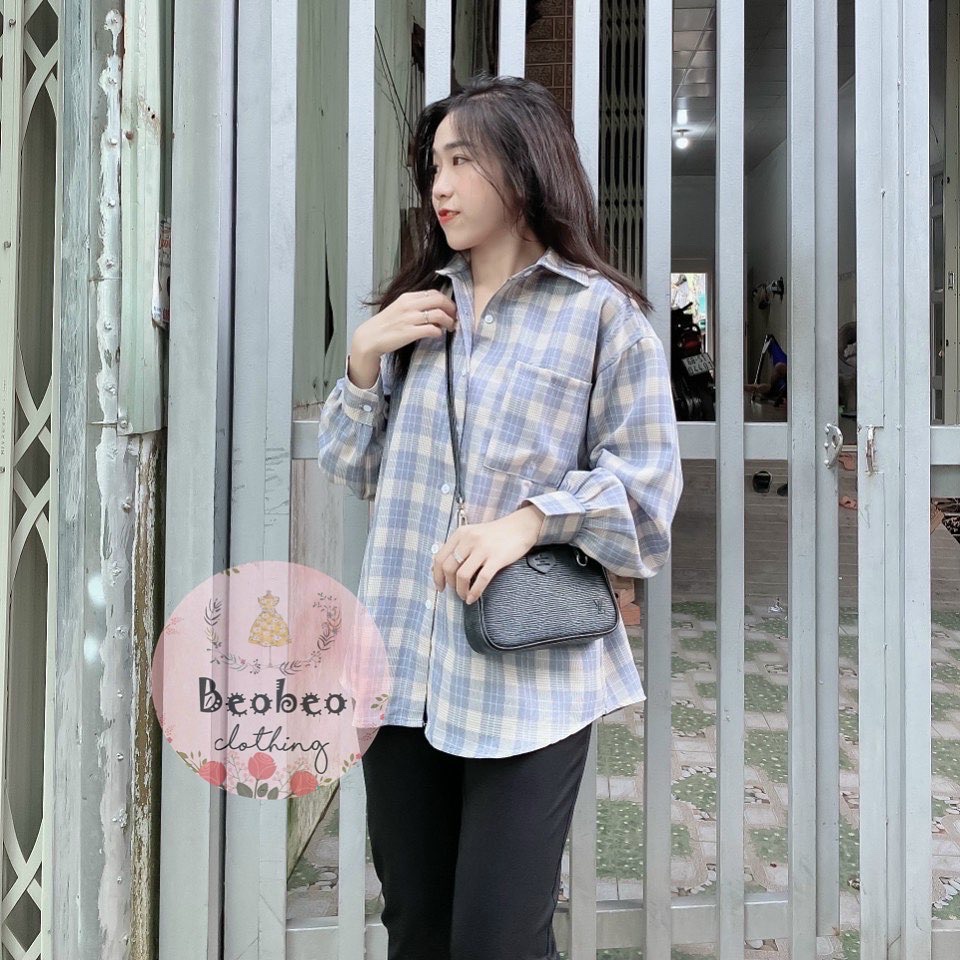 Set áo sơ mi caro pastel tay phồng kèm quần legging ulzzang