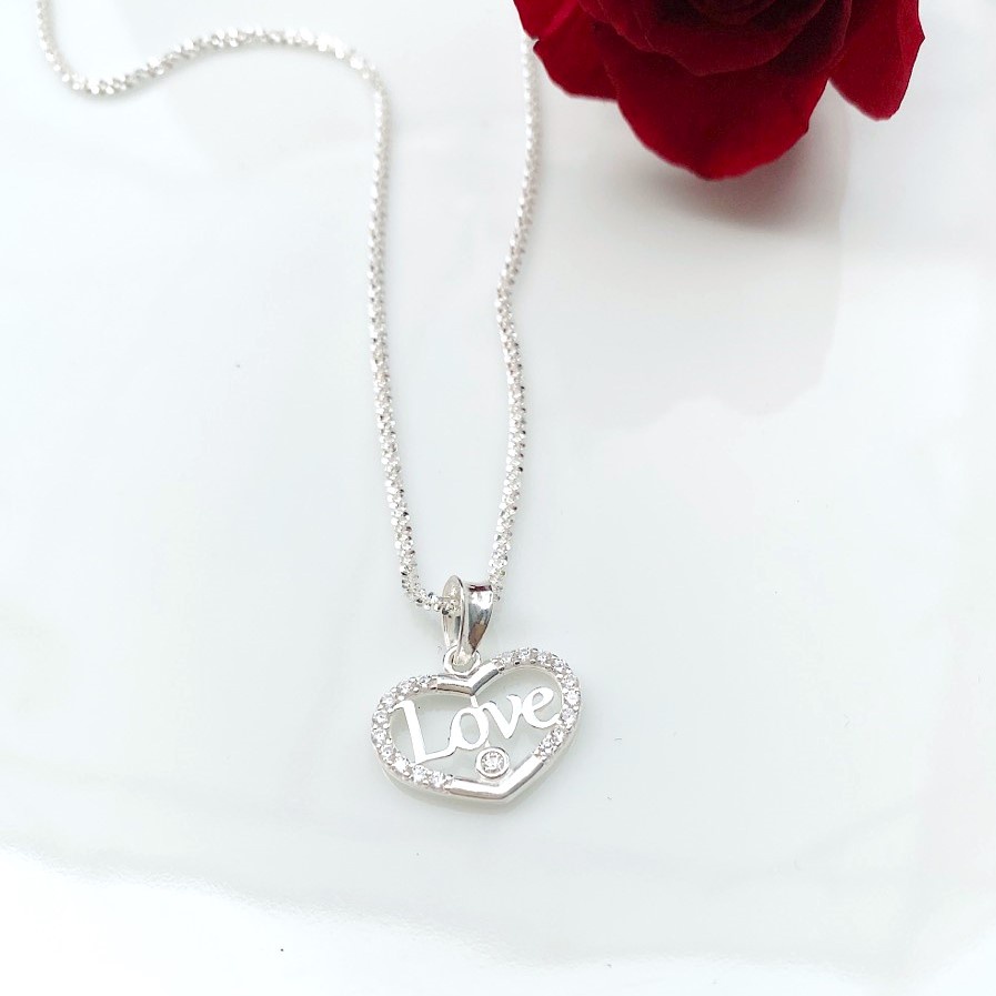 Dây chuyền bạc nữ mặt trái tim khắc chữ Love, Vòng cổ dây xù chất liệu bạc Ý cao cấp