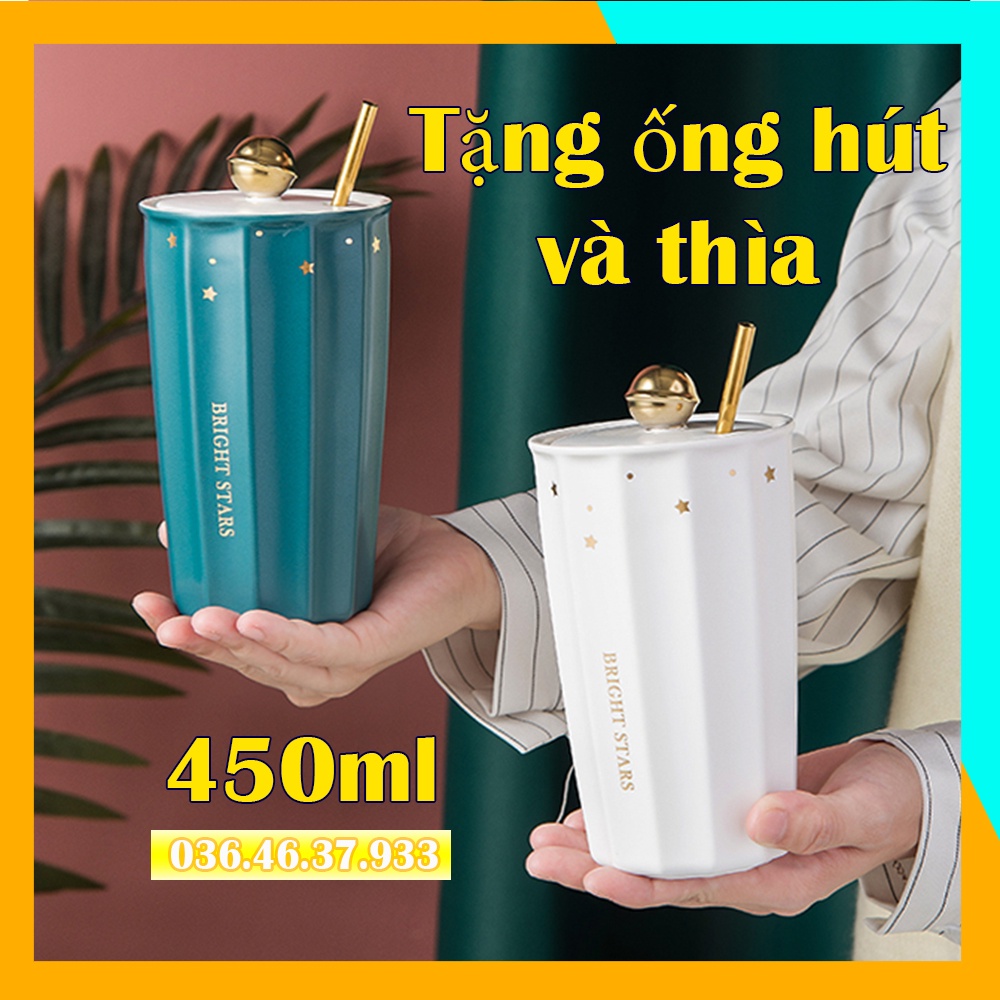 Cốc sứ đẹp có nắp đậy kèm thìa vàng sang trọng chất liệu cao cấp dày dặn hoạ tiết ngàn sao