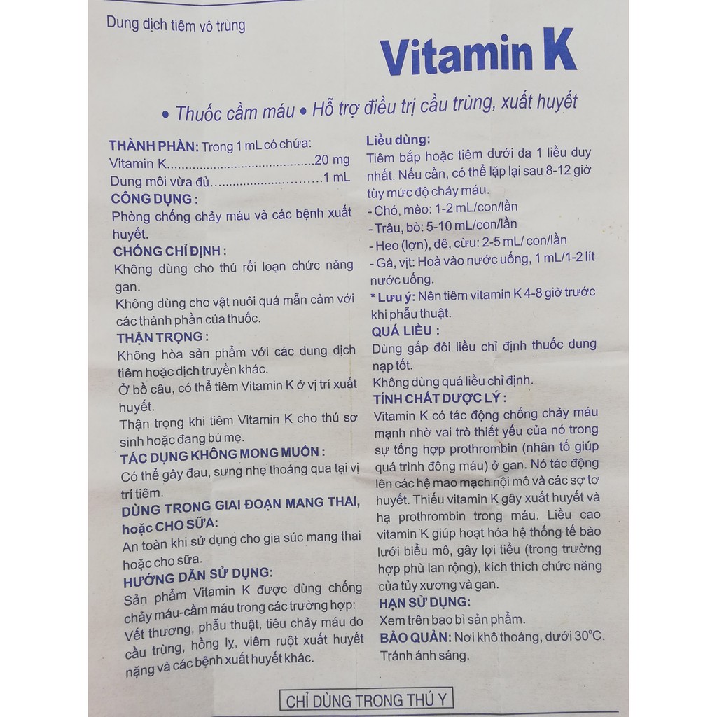 1 lọ Vitamin K 100ml Giúp cầm máu, hạn chế mất máu trong phẫu thuật ở gia súc, gia cầm, chó mèo