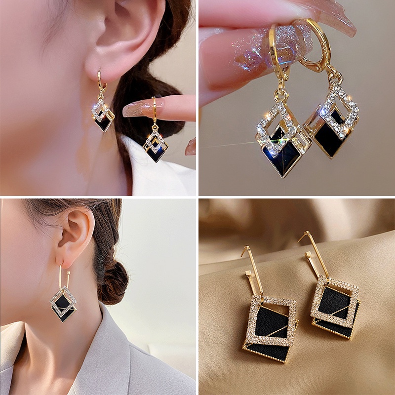 Đôi Bông Tai Mạ Bạc 925 Hình Chữ Nhật Đính Kim Cương Phong Cách Hàn Quốc Thời Trang Cho Nữ