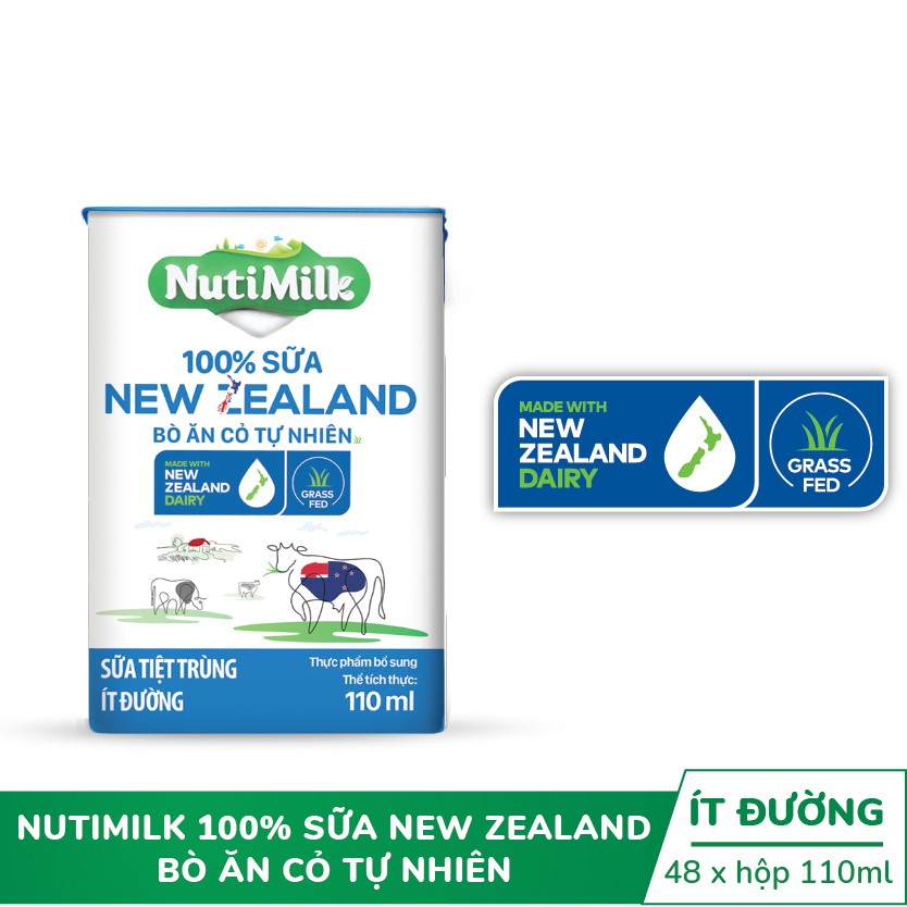 Thùng 48 hộp Nutimilk 100% Sữa New Zealand Nuti Bò ăn cỏ tự nhiên Ít đường 110ml/hộp