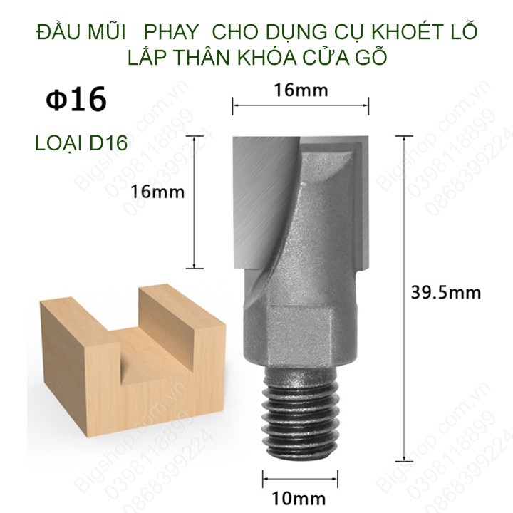 Đầu mũi phay khoét đục lỗ dung cho bộ khoét lỗ lắp ổ khóa cửa, lưỡi bằng Vonfram cứng