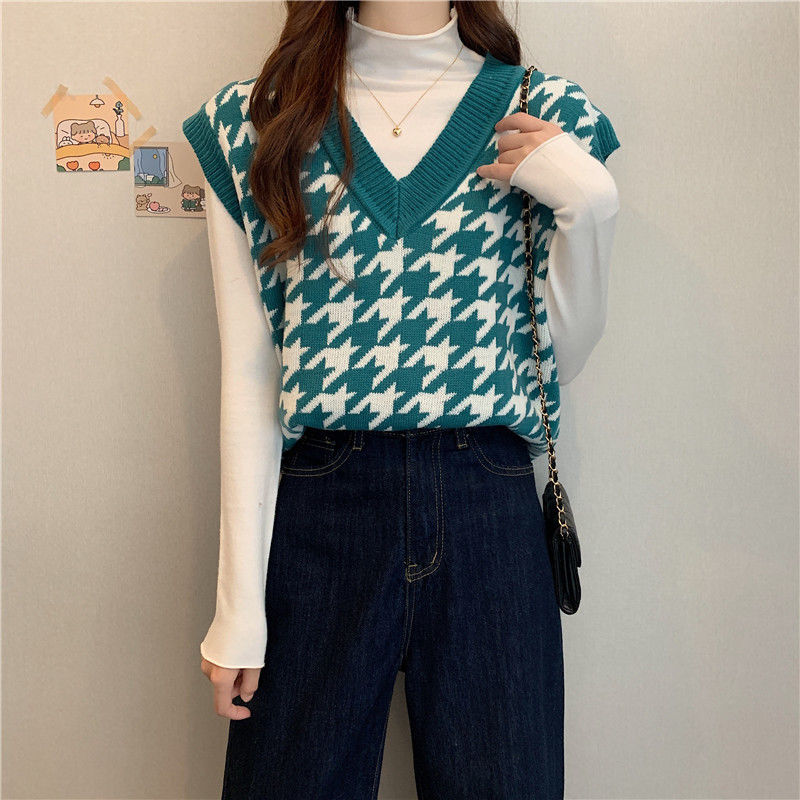 Áo Vest Dệt Kim Cổ Chữ V Màu Sắc Tương Phản Phong Cách Hàn Quốc Thời Trang Cho Nữ