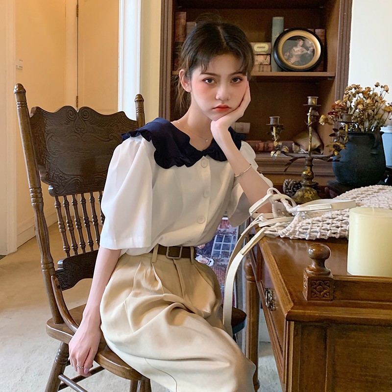 Áo kiểu tay ngắn cổ chữ V phong cách thanh lịch cho nữ 34249