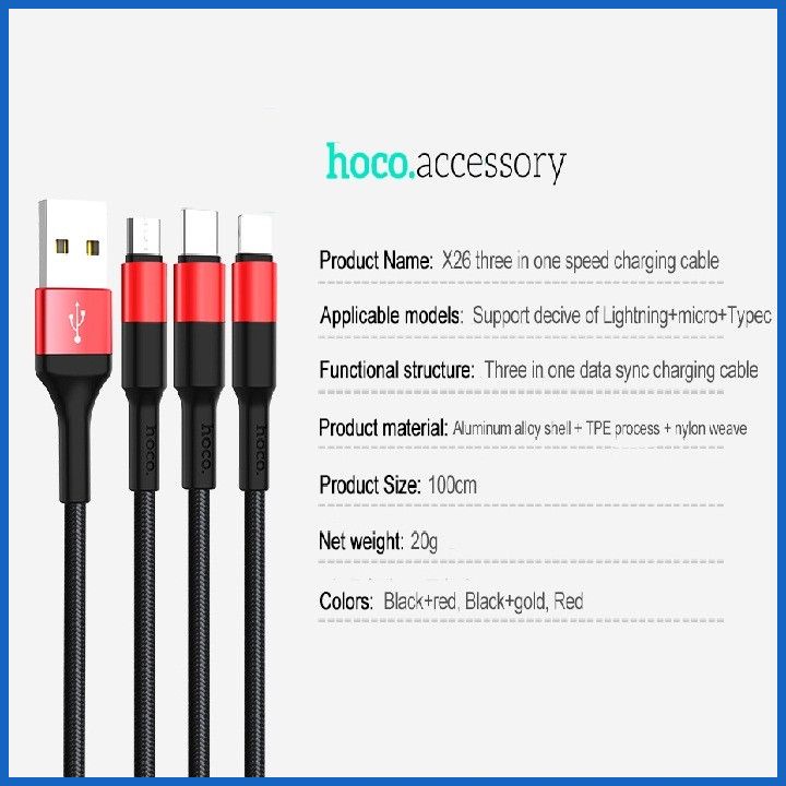 Cáp Sạc 3 Đầu X26 Cho IPhone & Android Dài 1M BH 6 Tháng