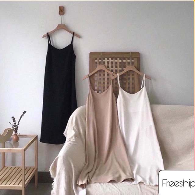 Váy 2 dây nữ Bingshop - đầm suông nữ cổ tim dây chỉnh vải đũi mềm mịn mát đủ màu freeship