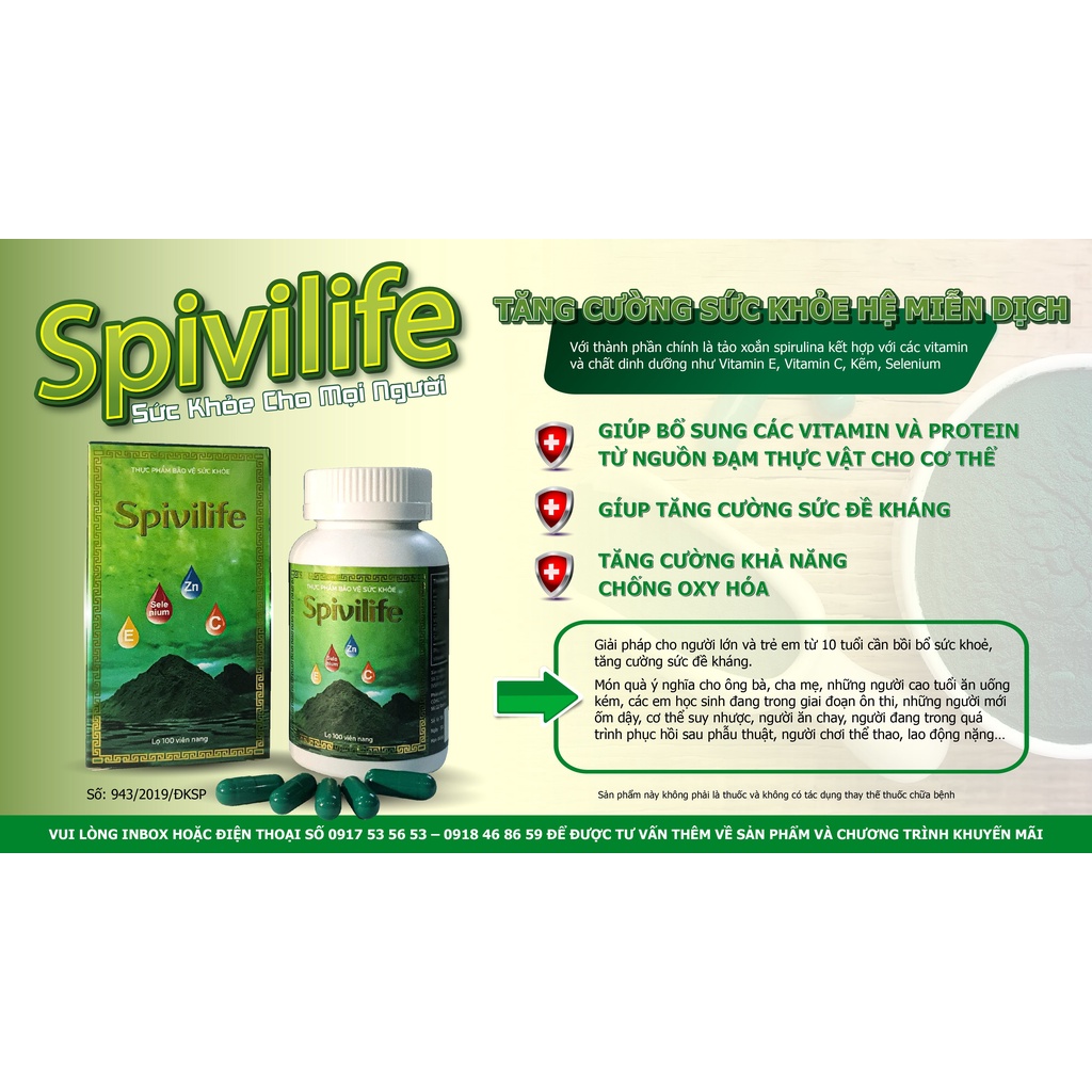 TẢO XOẮN SPIVILIFE 100 viên - Tăng đề kháng, Tăng khả năng chống lão hóa, Bổ sung các Vitamin & Protein cho cơ thể.