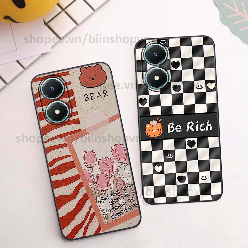 Ốp Vivo Y02s gấu Bear rick caro vuông thời trang siêu đẹp