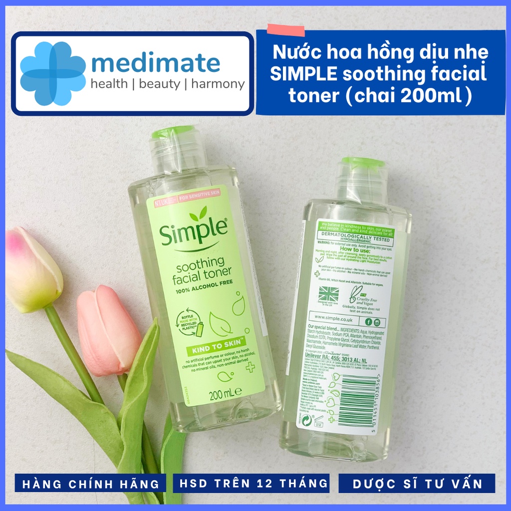 Nước hoa hồng Simple soothing facial toner làm dịu, cấp ẩm cho da nhạy cảm 200ml