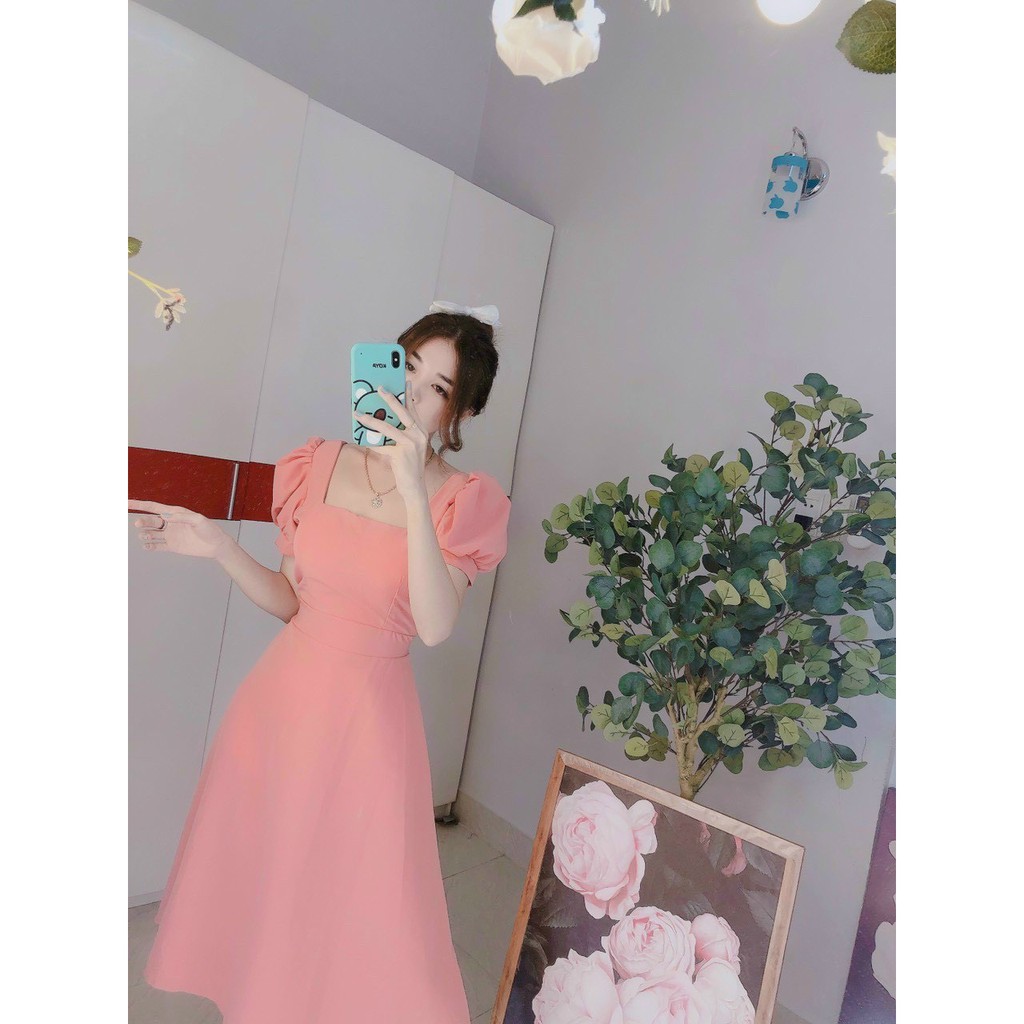 Đầm body cổ vuông tay phồng dáng A chất thun dày dặn 3 màu y hình, váy nữ xoè cổ vuông MIDORI247