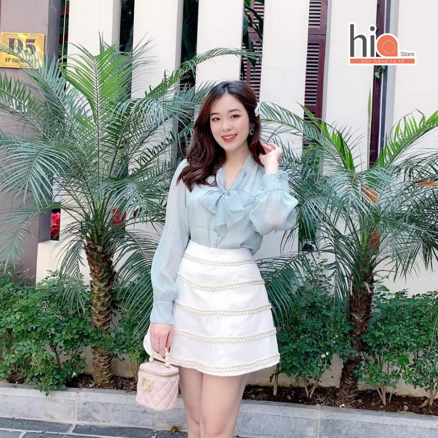Áo kiểu nữ sơ mi công sở, áo voan kiểu cổ nơ tay phồng dáng tiểu thư phong cách Hàn Quốc - Hia Clothing