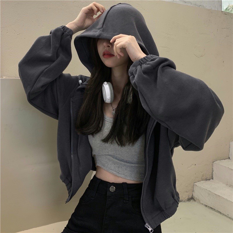 (Sẵn) Áo khoác nỉ croptop lửng có mũ trùm khóa kéo xu hướng phong cách Hàn Quốc thời trang xuân hè năng động cho nữ