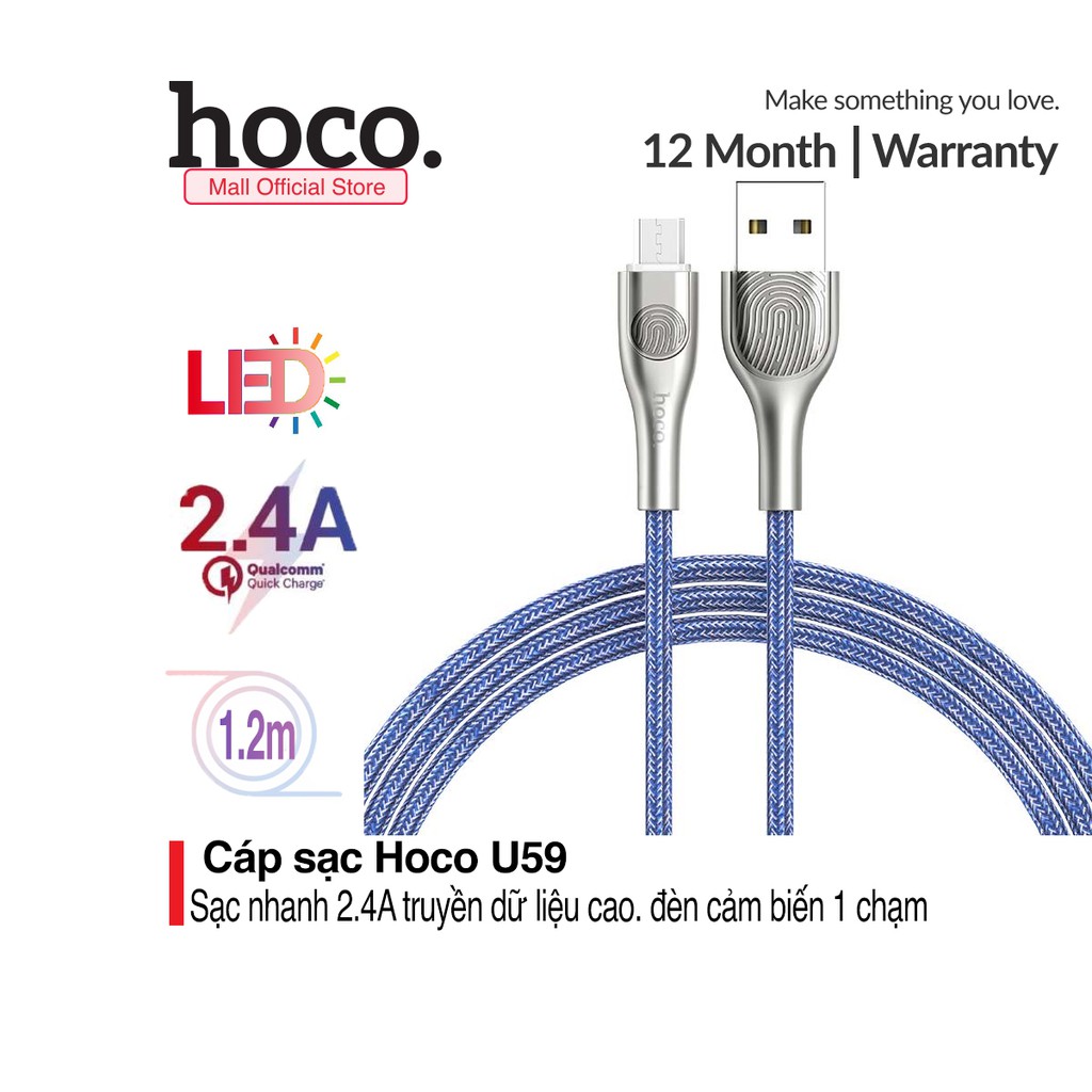 Cáp sạc Micro USB Hoco U59 tương thích các dòng điện thoại di động/ máy tính bảng ( 2.4A, đèn cảm biến một chạm, 1.2m )