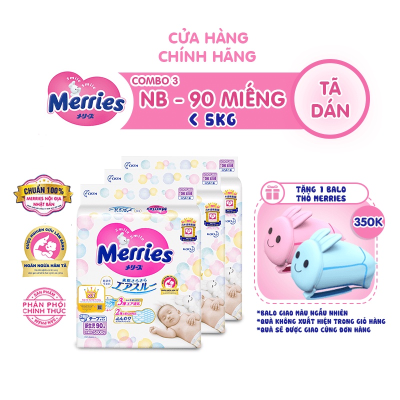 Mua 3 Tã/bỉm dán Merries Đủ Size NB90/S82/M64/L54/XL44 - Tặng 1 balo Thỏ