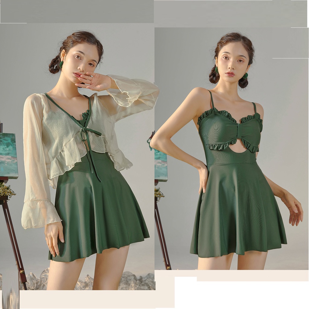 Bộ đồ bơi nữ liền dáng váy kèm áo kimono set 2 chi tiết tiện lợi