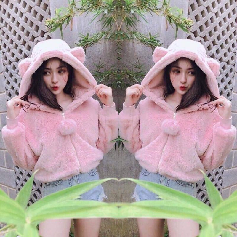 Áo khoác lông gấu hồng nữ khóa kéo, áo khoác lông tai gấu mùa đông siêu ấm  chất lông mượt .màu hồng | BigBuy360 - bigbuy360.vn