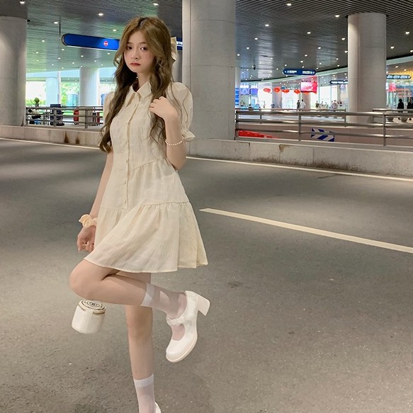 44769 Đầm chữ A lưng cao kiểu xếp ly thời trang mới mẻ cho nữ