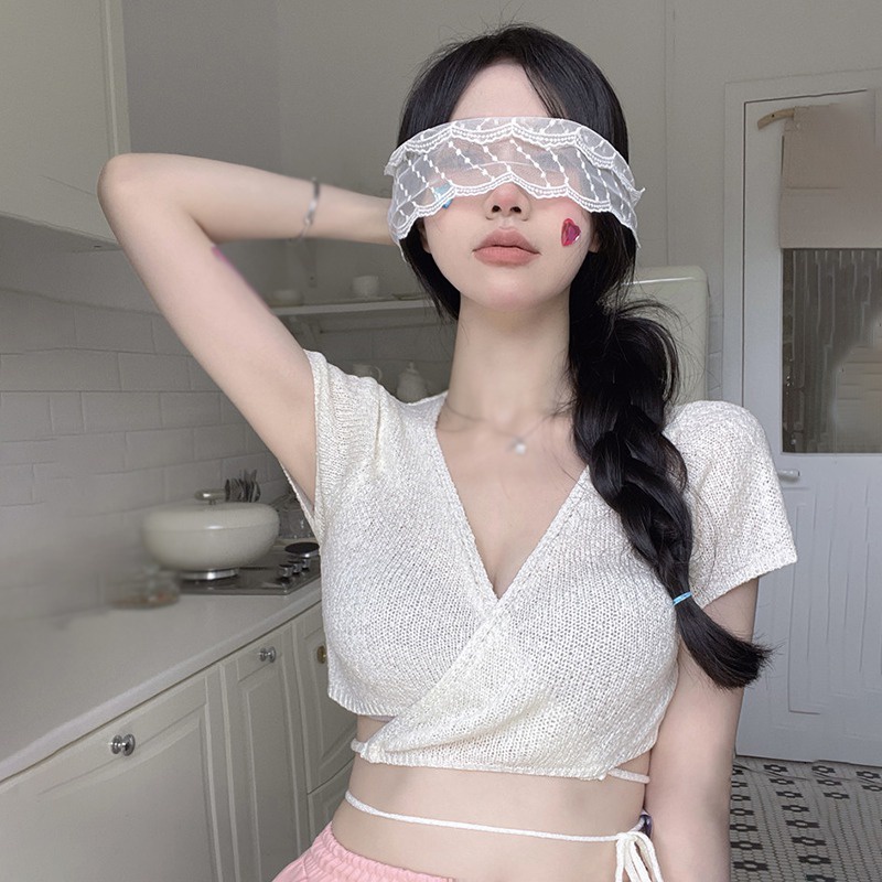 Áo Croptop Dệt Kim Tay Ngắn Cổ Chữ V Màu Sắc Trơn Cột Dây Phong Cách Hàn Quốc Thời Trang Cho Nữ