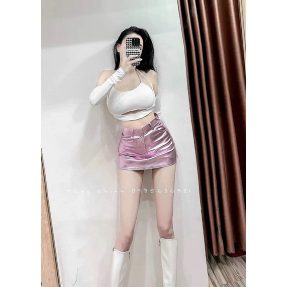 Chân váy da ngắn khuy bọc hàng QCL1