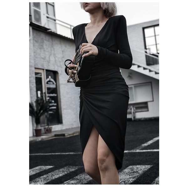 Váy đầm nữ dự tiệc cổ tim dáng ôm body thiết kế dài tay xẻ tà Gemmi Fashion DK8314