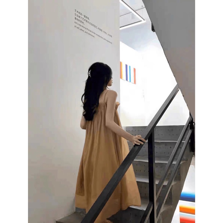 [Có ảnh thật] Đần suông 2 dây kim tuyến nhún, váy nữ hai dây maxi vải tơ hàng Quảng Châu