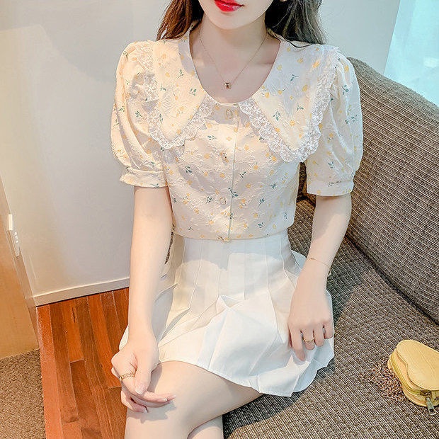 Áo Kiểu Tay Ngắn Họa Tiết Hoa Phong Cách Pháp Ngọt Ngào