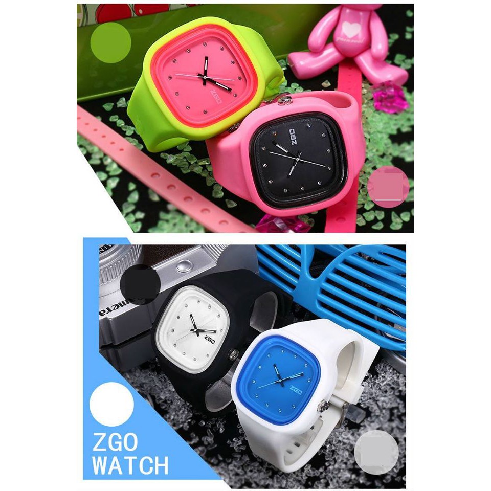 Đồng hồ kim mặt vuông ZGO unisex hồng, vàng, xanh lá, xanh dương trắng, tím silicone chống nước 3M