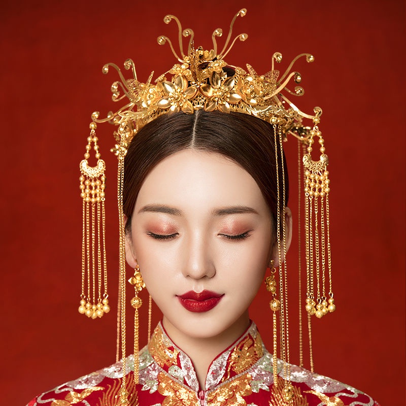 Xiuhe quần áo mũ cưới cô dâu tua bước lắc vương miện phượng hoàng không khí phong cách Trung Quốc đám cưới bầu không khí đơn giản hiển thị kimono phụ kiện tóc6.11