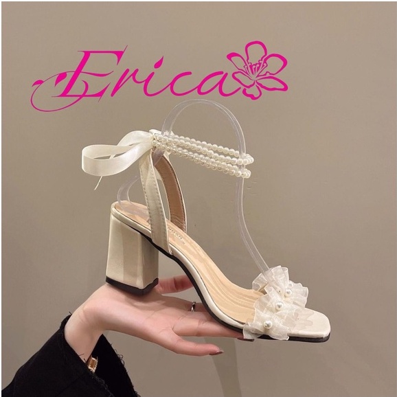 Giày sandal cao gót 7 phân ERICA đế vuông quai ngọc thắt nơ sau tiểu thư sang chảnh cuốn hút HH54