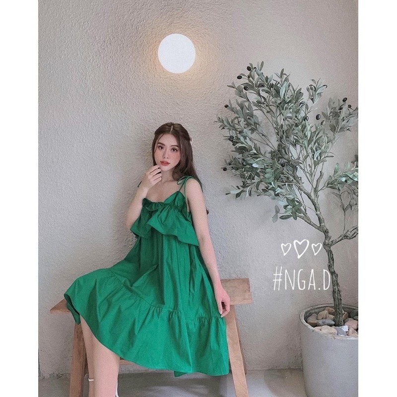 Đầm xoè cổ bèo dây , Đầm hồng xanh xoè, Đầm babydoll