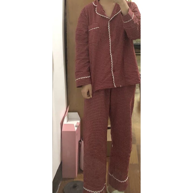 (Ảnh thật cuối) Set pijama đỏ kẻ caro phối ren trắng Hàn Quốc [Yannie]