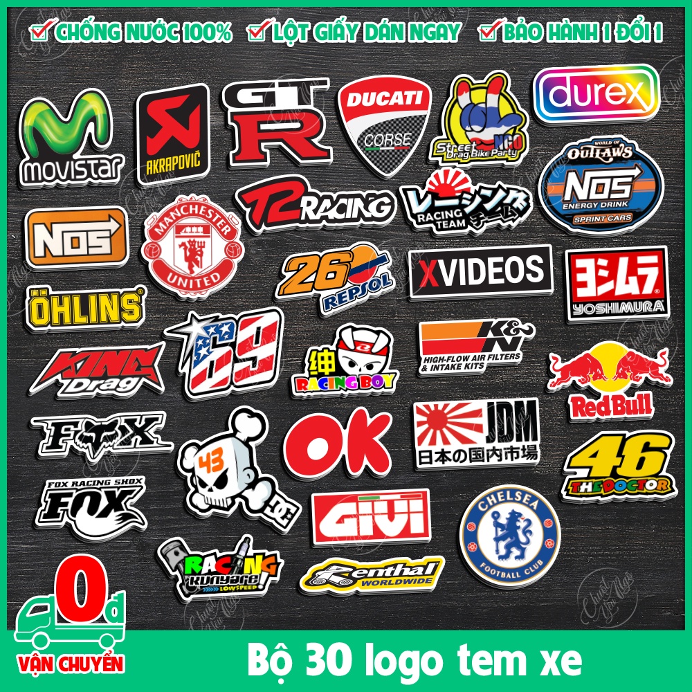 30 logo tem xe decal chống nước durex nos rebbull the doctor chelsea machester racing boy ohlins king drag