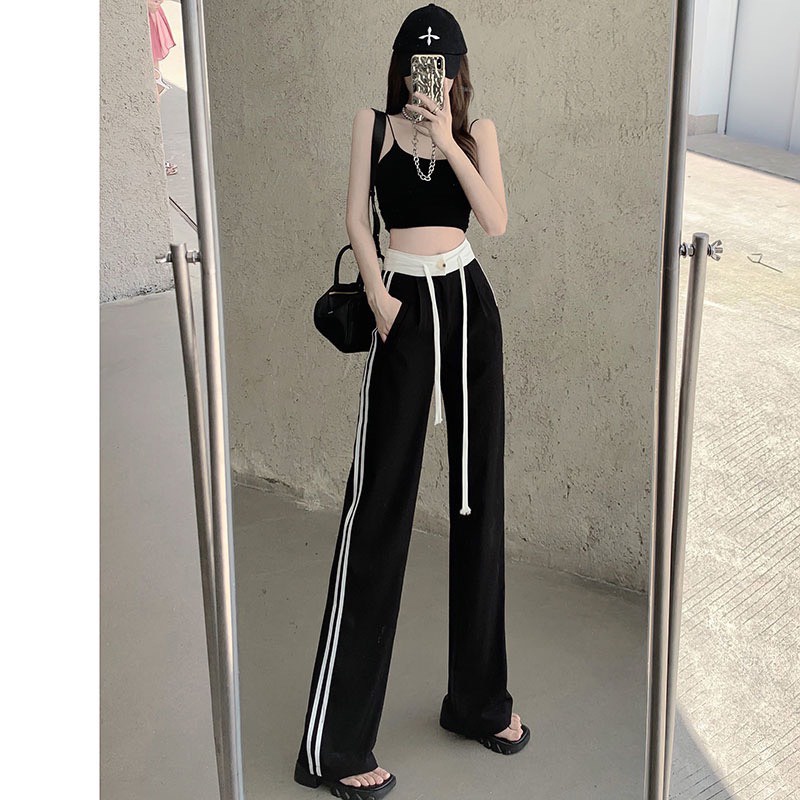 Quần Dài Thể Thao Nữ Dáng Rộng Cạp Cao Dây Rút Ống Suông Kẻ Sọc Thời Trang Sugal QUAN NU 040V8