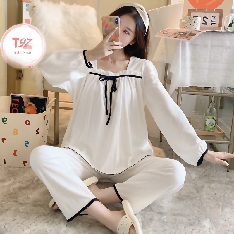 Bộ Ngủ Dài T97 bộ mặc nhà chất Lụa Satin phối viền đen phong cách Hàn Quốc