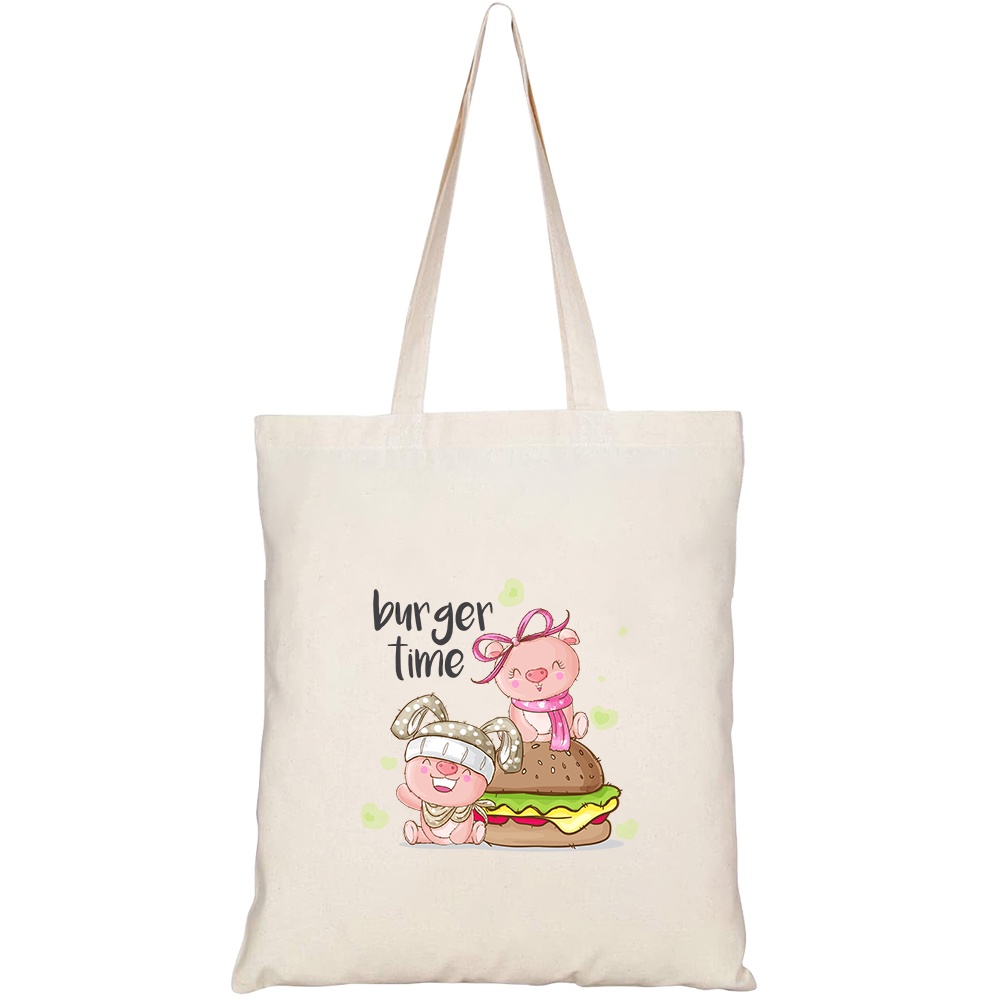 Túi vải tote canvas GINKO in hình cute pig animal burger HT184 5163