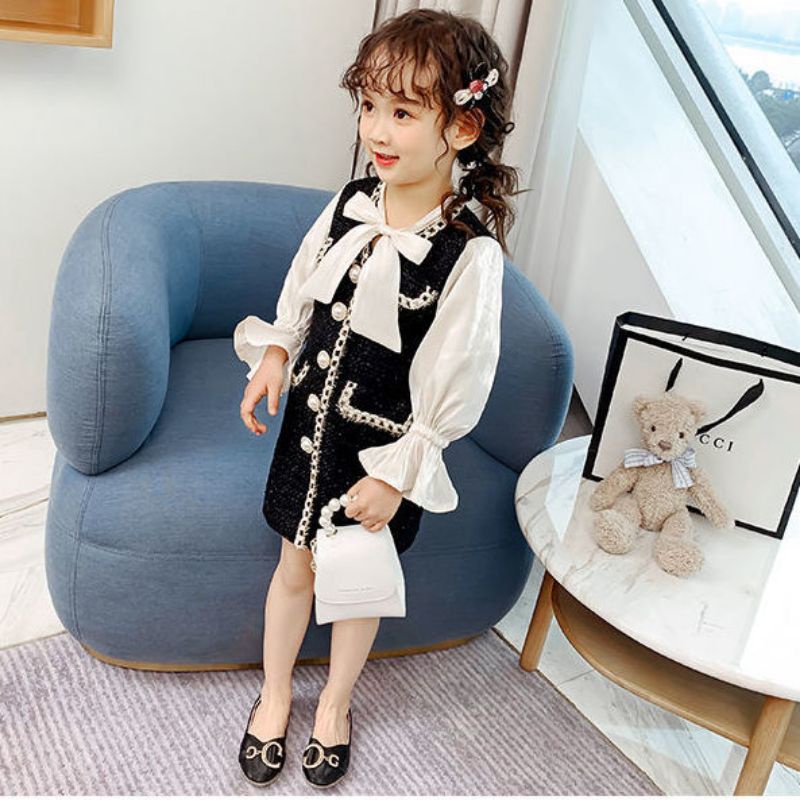 Set váy dạ phối tay voan lụa phong cách tiểu thư cho bé