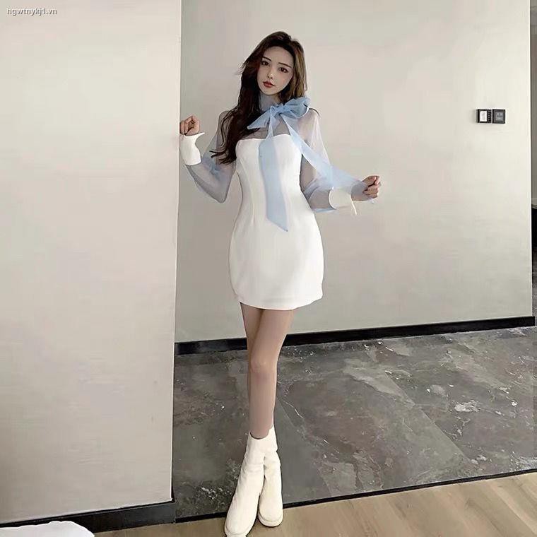 ✺♦Palace style chiffon stitching bowknot puff sleeve dress sweet temperament slim white summer base skirt