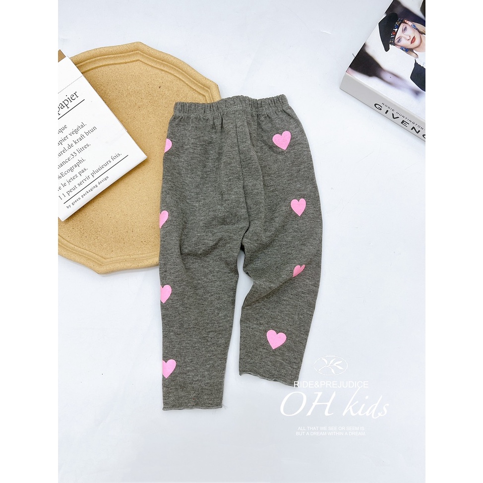 Quần legging cho bé gái, quần legging chất cotton họa tiết tim in tràn cho bé
