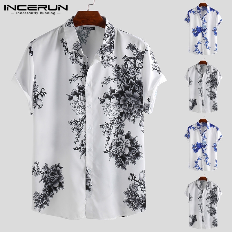 Áo sơ mi INCERUN tay ngắn cổ bẻ in họa tiết cho nam giới