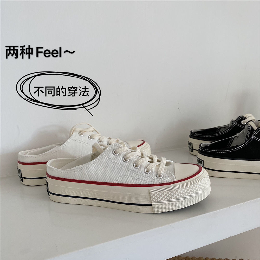 youngz Women's Shoes Two-Way Thick-Soled Sneakers Women's Summer Thin New Versatile Breathable Korean Style Half Slippers Student Canvas Shoes