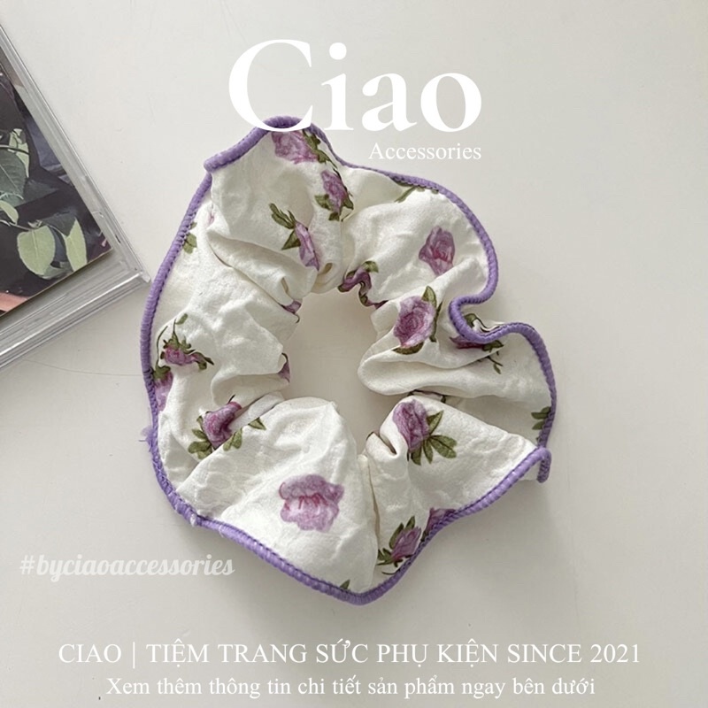 [HOẢ TỐC 1H] Dây buộc tóc/ Scrunchies hoa hồng viền chỉ thêu xinh xắn mã 06 Ciao accessories