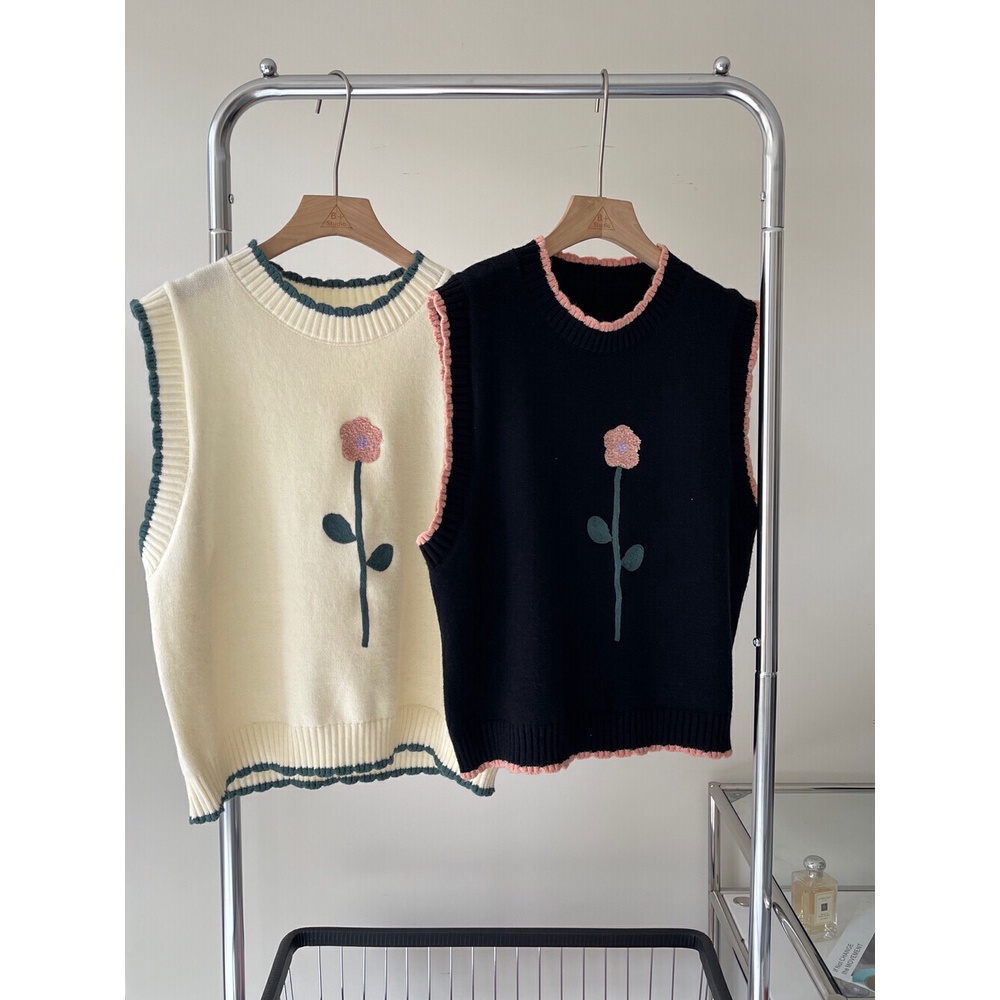 DUNEA Set Áo Sơ Mi Hoa Và Áo Len Không Tay Phong Cách Hàn Quốc Xinh Xắn Cho Nữ